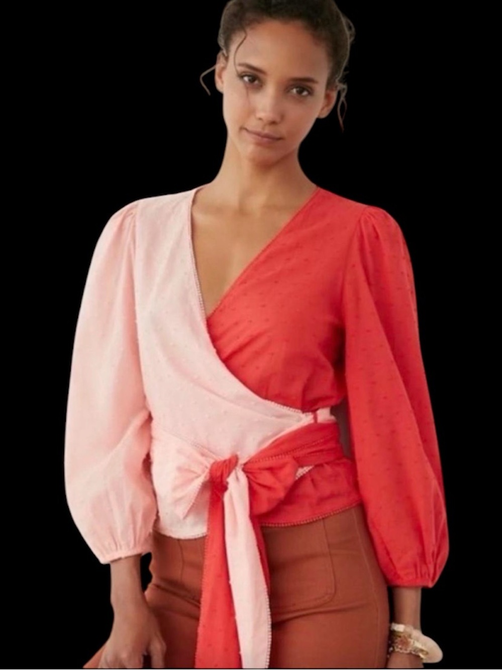 Anthropologie Farm Rio Wrap Blouse Swiss Dot, XS Pink red long sleeves